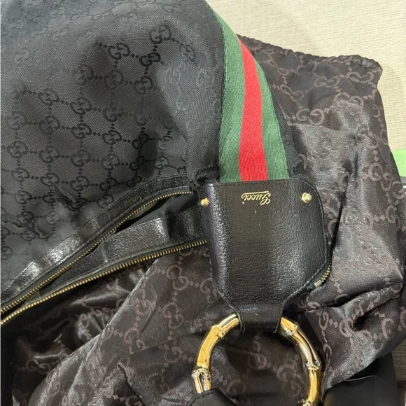 Gucci Black canvas hobo shoulder bag with Red and Green webbing - Picture 7 of 8